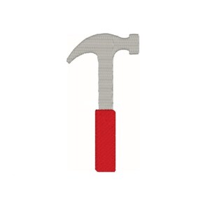 Könnte beinhalten: Ein grauer Hammer mit rotem Griff.