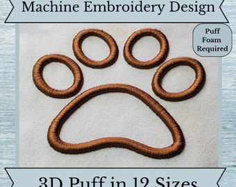 Può includere: Design di ricamo 3D in rilievo di colore marrone che rappresenta un'impronta di zampa. Il design è disponibile in 12 dimensioni. Per questo design è necessaria la schiuma gonfiabile. Design di ricamo a macchina.