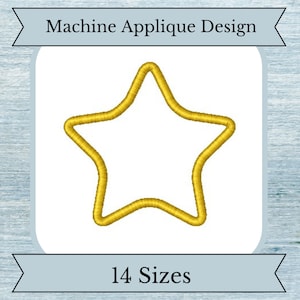 以下が含まれることがあります： 機械刺繍用の金色の星形のアップリケデザイン。デザインは14サイズ展開です。