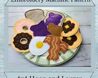 ITH Breakfast Bundle Pattern - Play Food - Machine Embroidery Design - 4x4 Hoop and Larger- Instant Download Design - Imaginative Play