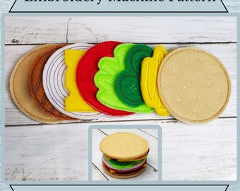 ITH Cheeseburger Pattern - Play Food - Machine Embroidery Design - 4x4 Hoop and Larger- Instant Download Design - Imaginative Play-Pretend