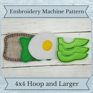 Może przedstawiać: Wzór do maszyny do haftu dla kanapki śniadaniowej z jajkiem sadzonym, awokado i toastem. Wzór jest przeznaczony do obręczy 4x4 i większej.