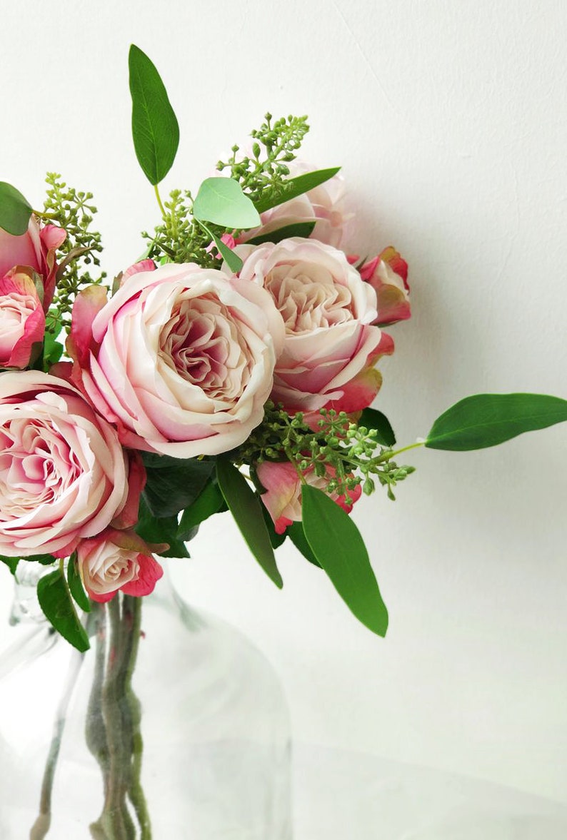 2pcs Pink Garden Rose Roses Silk Flower David Austin Rose Silk Flowers for DIY Wedding Bridal Bouquet Floral Arrangement Home Decor