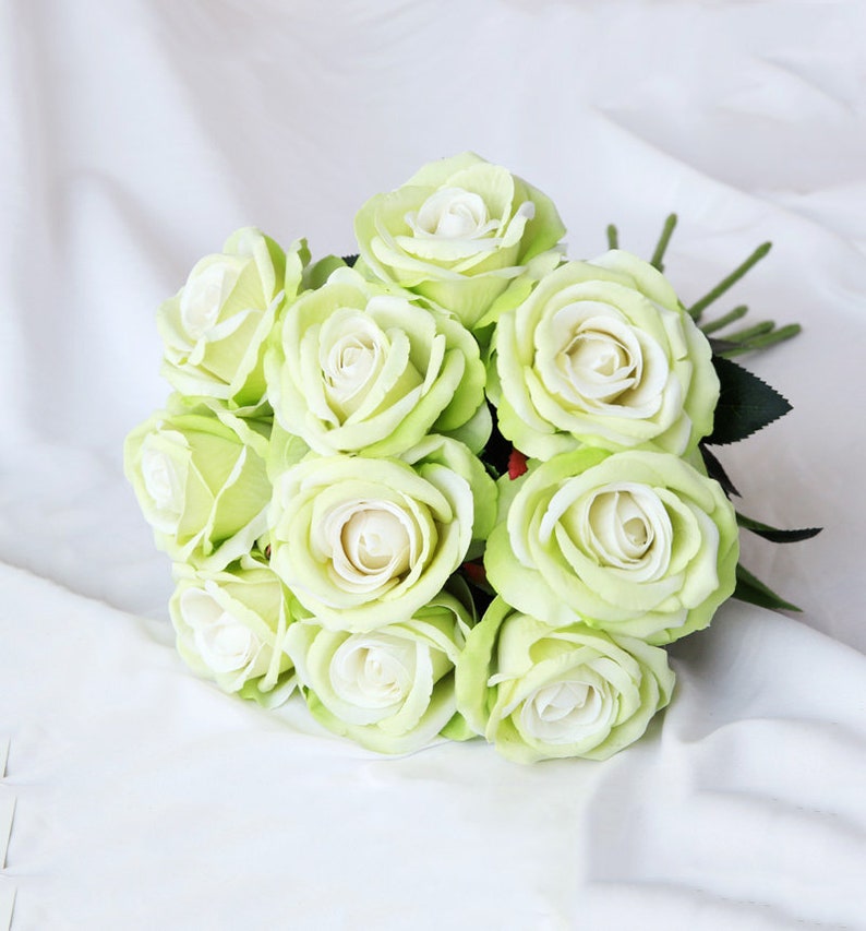 10pcs Pale Green Velvet Open Rose Roses Artificial Flowers Silk Flower Silk Flowers for Wedding Bridal Bouquet Floral Arrangement Home Decor