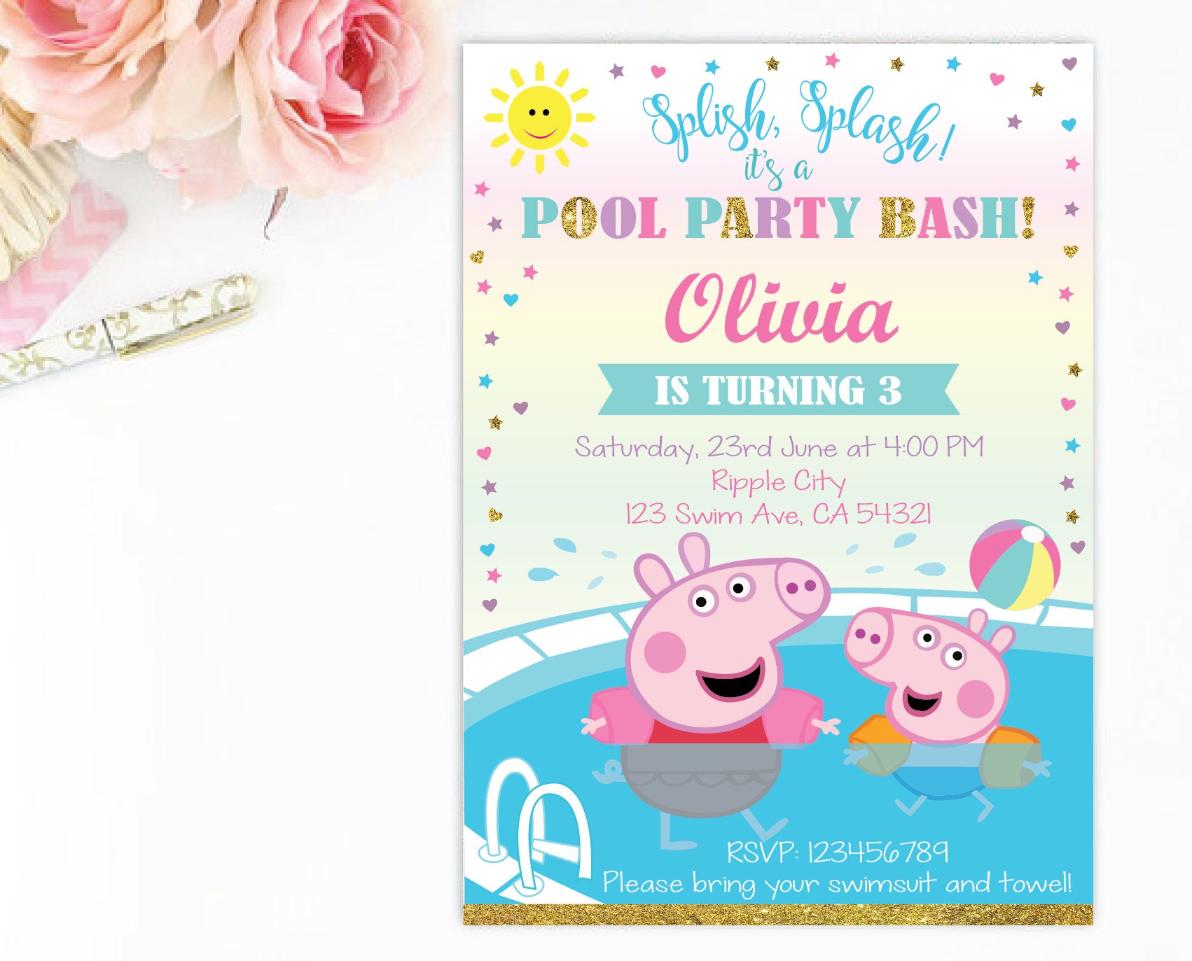 Customized Peppa Pig Pool Party Digital Printable Birthday | Etsy