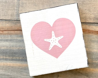 Starfish heart sign, beach house decor, handpainted wood sign, nautical decor, beach cottage decor, coastal love