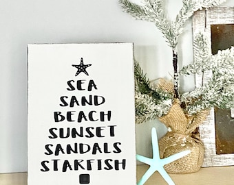 Beachy Words Christmas Tree Sign, coastal Christmas decor for beach Christmas decorations nautical Christmas designs handpainted wood sign