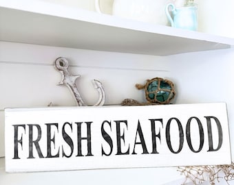 FRESH SEAFOOD sign, beach house kitchen decor, seafood restaurant sign, nautical decor, beach cottage decor, wood signs for beach house