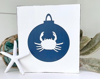 Hand-Painted Crab Ornament Sign, Coastal Christmas Decor Beach Christmas Sign Nautical Holiday Decor Beach House Christmas