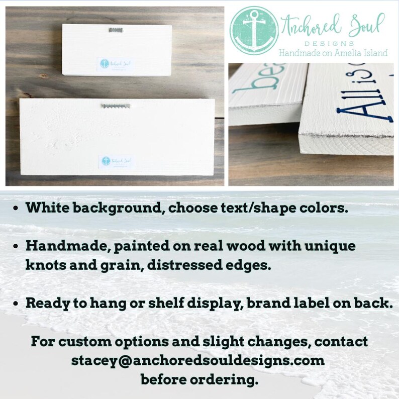May include: Two rectangular white wooden signs with distressed edges and dark blue lettering. The back of each sign features a metal sawtooth hanger and a small blue and white brand label that reads Anchored Soul Designs Handmade on Amelia Island.