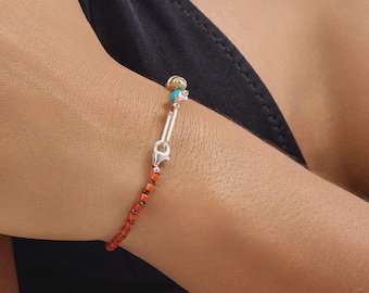 Tuesday Bracelet for Women, Handmade 925k sterling Silver, Coral, Jade, Turquoise, Bronze