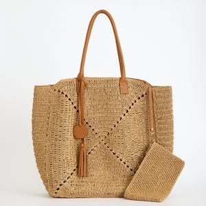 Good Mood Handmade Raffia Good Mood Bag with Leather & Clutch Inside – Natural Boho Straw Purse for Summer