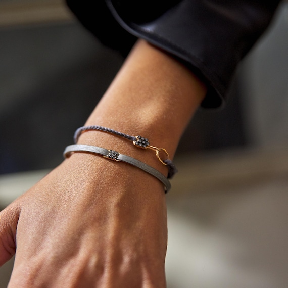 Audrey Grey Minimalist Bracelet - Handmade 24k Gold Plated Silver & Zircon Stones, Light Grey Waxed Thread Jewelry for Women