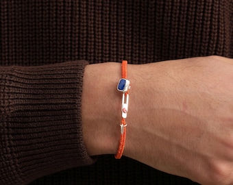 Gino Unisex Bracelet, Handmade Jewelry Design, 925 sterling Silver, Lapis, Woven Waxed Rope, Best Gift