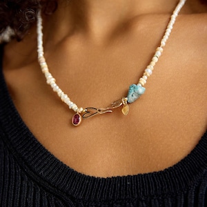 Anais Vintage Necklace for Women, Handmade Jewelry Design, 24k Gold plated Silver, Pearl, Turquoise, Tourmaline, Length 46 cm