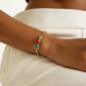 Alicia Women&#39;s Bracelet, Handmade Jewelry Design, 24k Gold-plated Silver, Coral, Turquoise