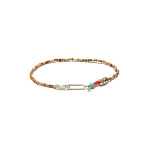 Beige Unisex Bracelet, Handmade Jewelry Design, 925 Sterling Silver, Turquoise, Coral, Picture Jasper