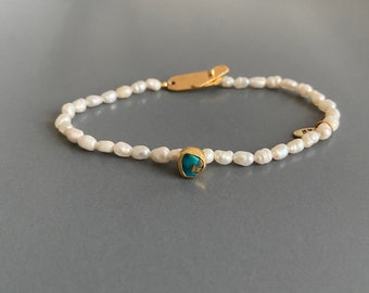 Iris Women&#39;s Bracelet, Handmade Jewelry Design, Pearl, Turquoise, Gold Plated Silver, Best Gifts, Valentine&#39;s Day Gift