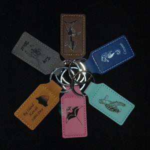 Personalized scuba diver leatherette key rings. Custom engraving.