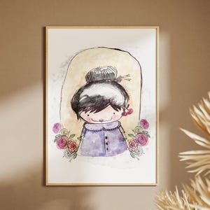 Whimsical Cherry Girl Portrait: Hand-Drawn Nursery Art (Digital Download