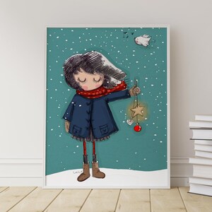 Whimsical Winter Girl Printable Wall Art – Hand-Drawn Cozy Snowy Scene with Ornaments – Christmas Holiday Decor for Kids Room & Nursery