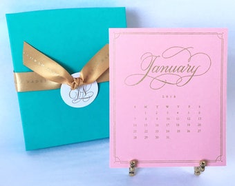 On Sale! 2018 Desk Calendar with Easel-Gold and Pink with Elegant Hand Lettering