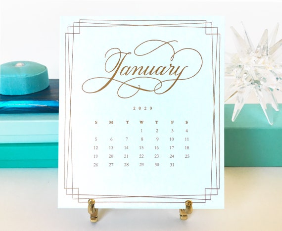 2020 Desk Calendar With Easel Gold And White With Elegant Hand Etsy