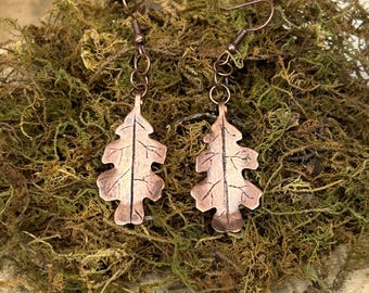 Handcrafted Copper Oak Leaf Earrings | Rustic Woodland Patina Jewelry