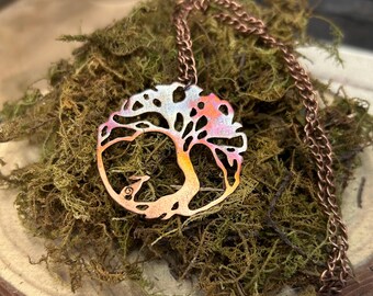 Fire Painted Copper Tree of Life Pendant – Moon Gazing Hare, 16 Inch Chain