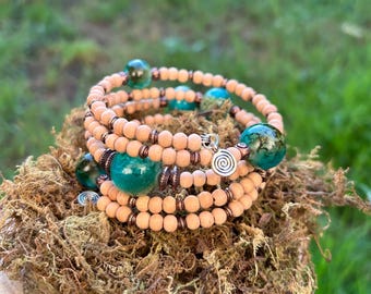 Earthy Wood & Glass Beaded Wraparound Bracelet with Spiral Charm