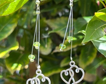 Crystal Dangly Earrings. Delicate with symbolic charms. Boho & festival vibes. Summer vibes. Peridot. Entwined Hearts. Love