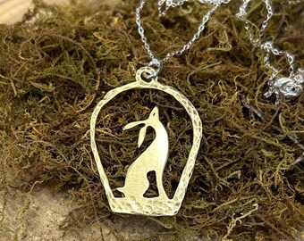 Moon gazing Hare Necklace, hand sawn in brass with a Recycled Silver chain, Lunar Wisdom and Sacred Cycles