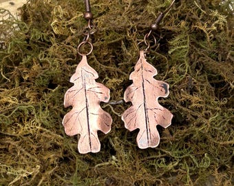 Copper Oak Leaf Earrings | Hand-Cut Patina Jewelry | Rustic Woodland Talisman
