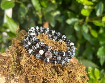 Tribal Beaded Wrap Bracelet – Black & White Spiral Cuff