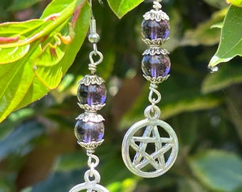Crystal Dangly Earrings. Delicate with symbolic charms. Boho & festival vibes. Summer vibes. Amethyst. Pentagram. Witch