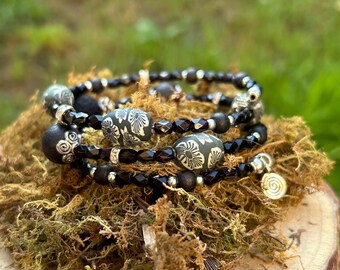 Black Beaded Wrap Bracelet – Tribal Cuff, Spiral Charm