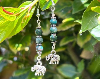 Crystal Dangly Earrings. Delicate with symbolic charms. Boho & festival vibes. Summer vibes. Bloodstone. Elephant. Strength. Wisdom. Luck