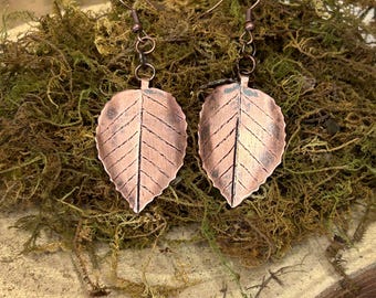 Handcrafted Copper Hazel Leaf Earrings | Rustic Woodland Patina Jewelry