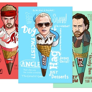 Op de afbeelding: Drie kleurrijke kunstprints met gestileerde portretten van mannen als ijsjes. Elke print heeft een andere achtergrondkleur en tekst, waaronder zinnen als "Sneaky monkey..." en "Dog & Facist!"