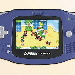 May include: A purple Game Boy Advance handheld gaming console with a bright screen displaying a video game. The game features a green, Christmas-themed crab-like creature and two characters resembling Mario and Luigi.