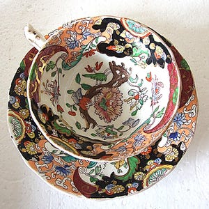 Antique 19 Century Stunning Hand Painted  Imari Pattern  Footed Cup and Saucer  World Wide Shipping