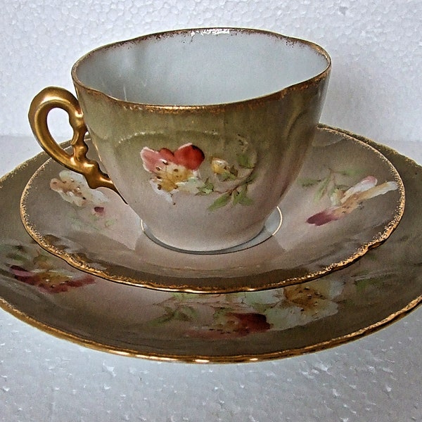 Art Deco Fine bone china Victorian  Pastel  Green Embossed Trio  Tea Set of Tea Cup, Saucer, Side Plate