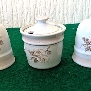 May include: A ceramic salt and pepper shaker set and a lidded jar. The set features a white base with a light pink trim and floral design. The salt shaker has holes on top. The jar has a lid and a spoon.