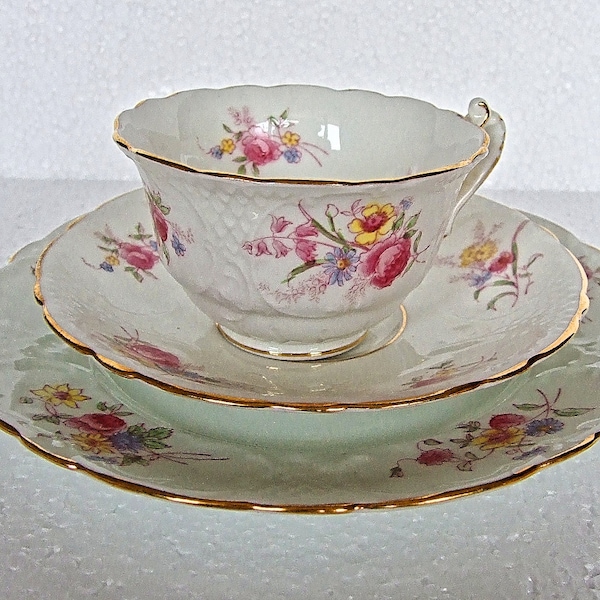 Vintage Embossed Floral Trio Teacup Saucer and Side Plate Unmarked Stunning