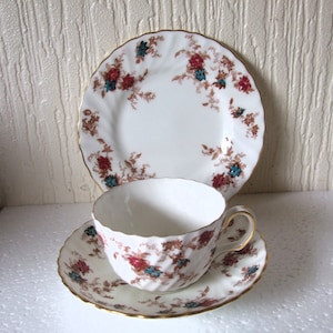 May include: A white teacup and saucer set with a floral pattern in shades of brown, red, and blue. The set has a gold trim around the edges.