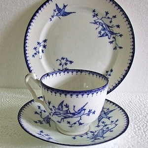 Vintage Aldiner Court China Blue&White Pottery Bone china Tea Trio Flying Swallow