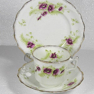 May include: A white teacup and saucer set with a floral pattern. The cup and saucer have a gold trim and feature purple flowers with green leaves.
