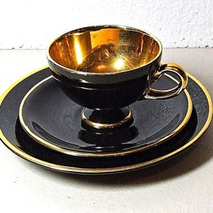 Egersund Norway Norsk Flint Black and Gold Coffee Trio  Vintage 1950