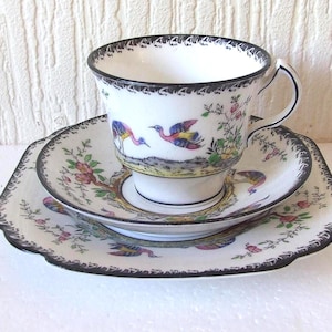 Art Deco Melba Crane Pattern reg in 1925 100years old  Bone China Art Deco Trio Tea Cup and Saucer and side plate
