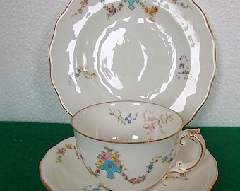 Antique 1899 mark  Royal Crown Derby Royal Antoinette Style decoration and Double C (baroque)  Handle Trio Tea Set